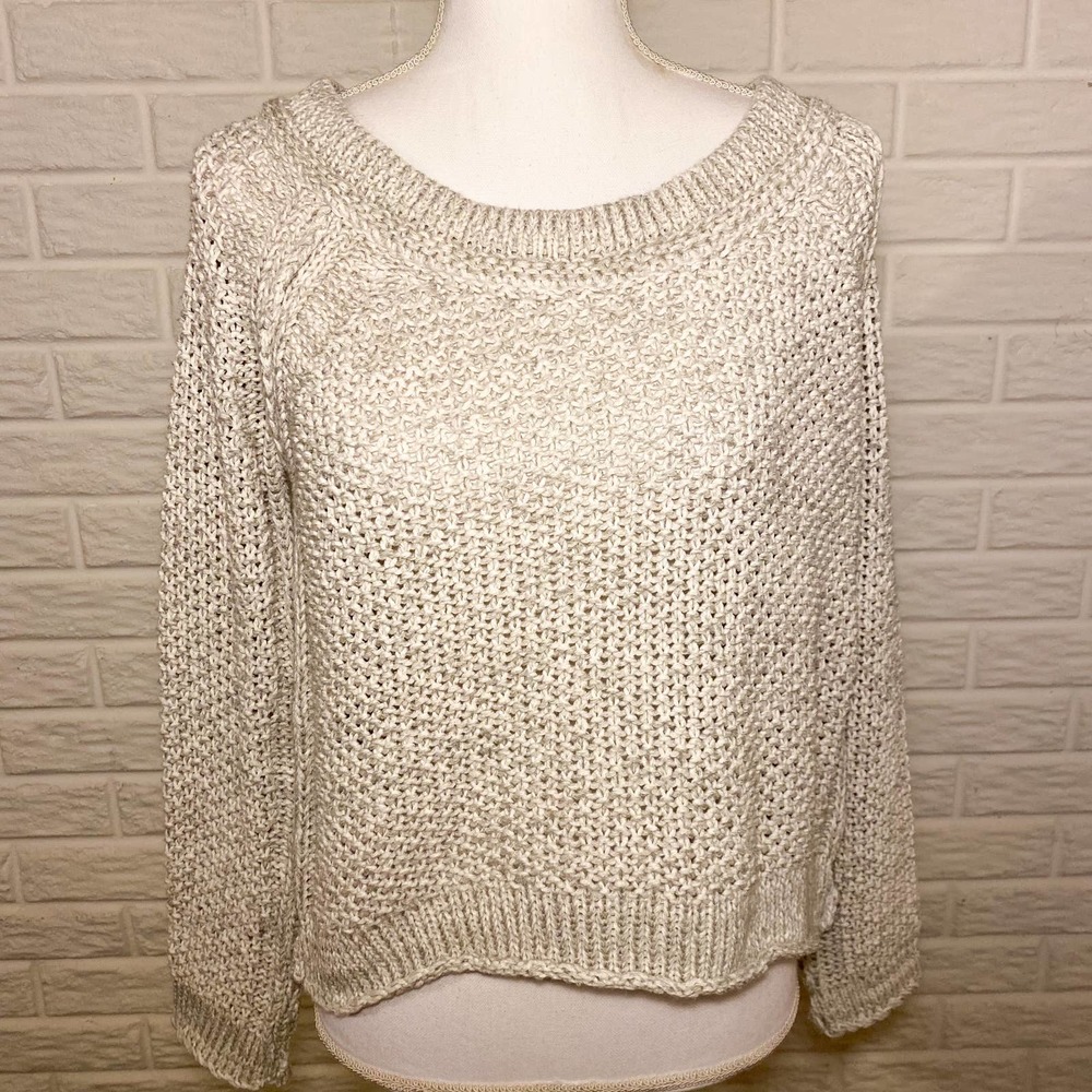 Free People Boho Cropped Oatmeal Open Knit Sweater, Small